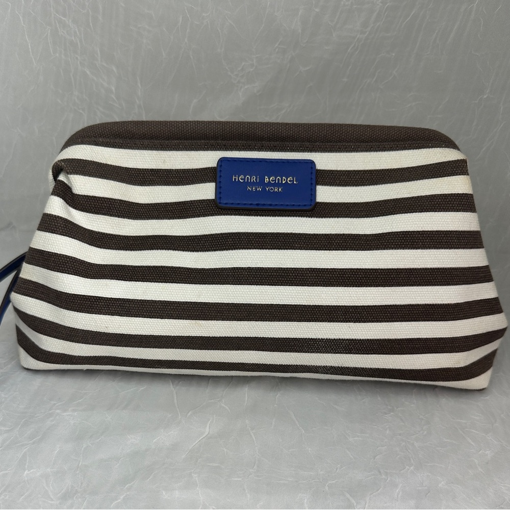 henri bendel Brown and White Striped Cosmetic Pouch with Blue Logo Patch